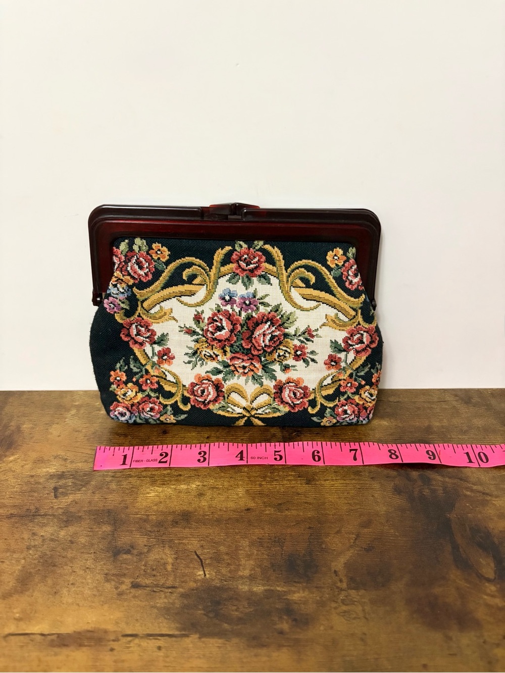 60s Vintage Floral Tapestry Clutch Purse with Lucite Clasp Frame -Made Hong Kong